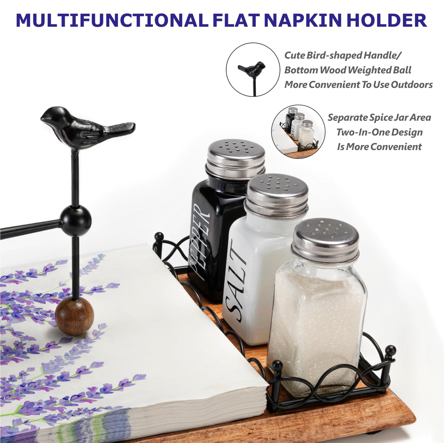 Charming Wooden Napkin Holder with Bird Design – Includes Space for Salt and Pepper Shakers – Multifunctional Black Napkin Holder for Table, Kitchen & Outdoor Use