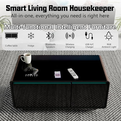 Smart Coffee Table with Fridge and Bluetooth, Smart Living Room Table with Frozen Drawers, Dual Speakers, 15W Wireless Charger, Touch Control, USB Ports, Atmosphere Light, LT90 Ultra-Brown