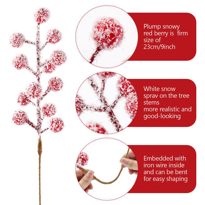 Sherika 24 Pcs Artificial Christmas Snowy Holly Berry Stems 9" Red Frosted Berries Picks and Sprays for Christmas Tree Decorations Ornaments, DIY Craft Wreath Making Supplies Christmas Tree Decor