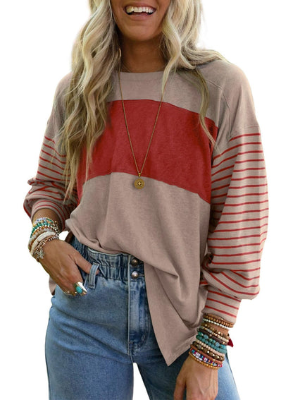 Dokotoo Long Sleeve Tops Oversized 2025 Trendy Round Crew Neck Casual Color Block Womens Shirts Blouses