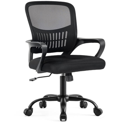 DUMOS Home Office Desk Chair - Ergonomic Mid Back with Lumbar Support & Rocking Mode, Height Adjustable with Fixed Armrest, for Conference, Computer, Meeting Room, 360° Swivel, Adults, Black