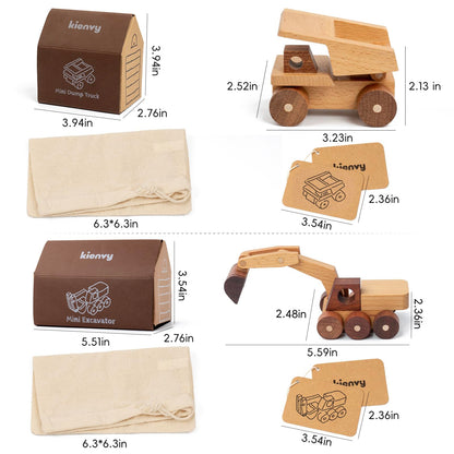 kienvy Wooden Toy Cars for 3 Year Old Boys & Girls - Construction Vehicles Set Push Toys for Toddlers, Wood Montessori Car with Rolling Wheels, Natural Wood Toys (Excavator & Dump Truck)