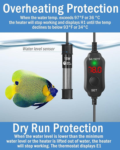 AquaMiracle Aquarium Heater 15W Fish Tank Heater for 1-3 Gal Tanks, LED Digital Display Thermostat Turtle Heater with Out-of-Water Auto Shut-Off, Overheat Protection & Memory Function