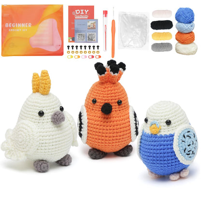 GONELYON Crochet Kit for Beginners, Crochet Kit for Beginners Crochet Starter Kits for Adults and Kids with Step by Step Video, 3 Kawaii Parrots DIY Yarn Plush