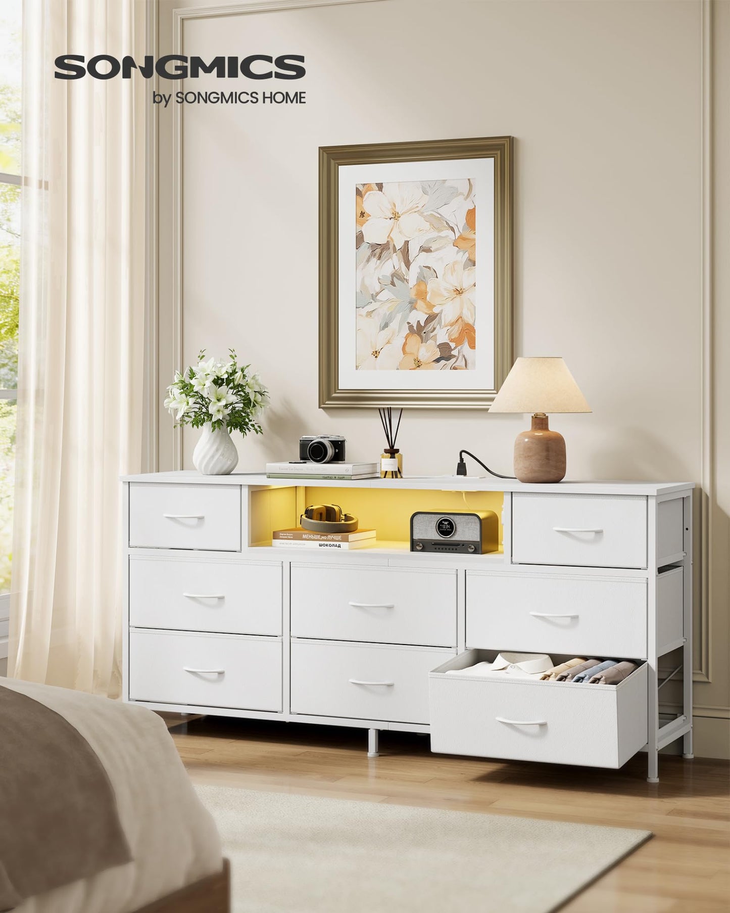 SONGMICS BELLAH Collection - Dresser for Bedroom with Outlets and LED Lights, TV Stand for TVs Up to 65 Inches, Chest of Drawers, 8 Drawers, Steel, Modern, Cloud White ULGS434WH02S