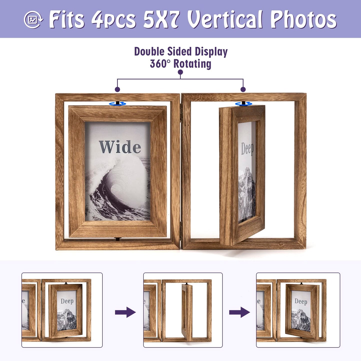 Emfogo 5x7 Picture Frame Rustic Wood Hinged Folding Double Photo Frame, Double Sided Display Rotatable High Definition Glass Collage Picture Frames Vertically on TableTop (Carbonized Black)