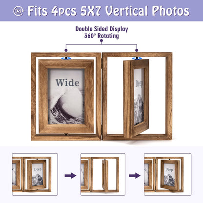 Emfogo 5x7 Picture Frame Rustic Wood Hinged Folding Double Photo Frame, Double Sided Display Rotatable High Definition Glass Collage Picture Frames Vertically on TableTop (Carbonized Black)