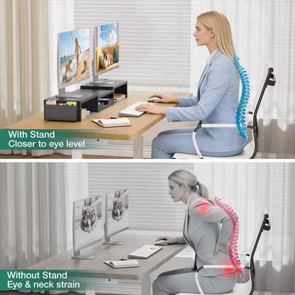 OPNICE Dual Monitor Stand Riser with Drawer and 2 Pen Holders, Desk Organizer for Office Supplies, Computer Monitor Stand for Desk, Workspace Desk Accessories for Home Office, Black