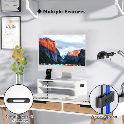 BONTEC Wooden Monitor Stand Riser for Desk, 2-Tier Computer Monitor Stand with Storage, 66 lbs Desk Shelf Organizer, Laptop & Printer Stand with Phone Holder and Cable Management, White, 16.5 Inch