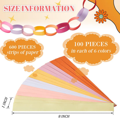 Lincia 600 Sheet Paper Chain Garland Strips 1x8 Inch with Double Sided Tape, DIY Construction Paper Chains for Birthday Wedding Holiday Party Decorations, Crafts Supplies (Groovy)