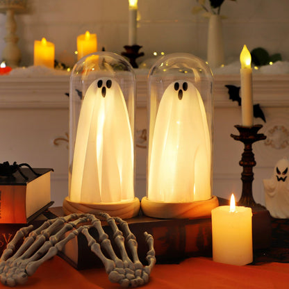 Halloween Decorations Indoor, Light Up Ghosts in Glass Domes with Wood Base, Cute Halloween Decor for Table, Fireplace, Bookshelf – Spooky Halloween Decor Kit (2 Pack)