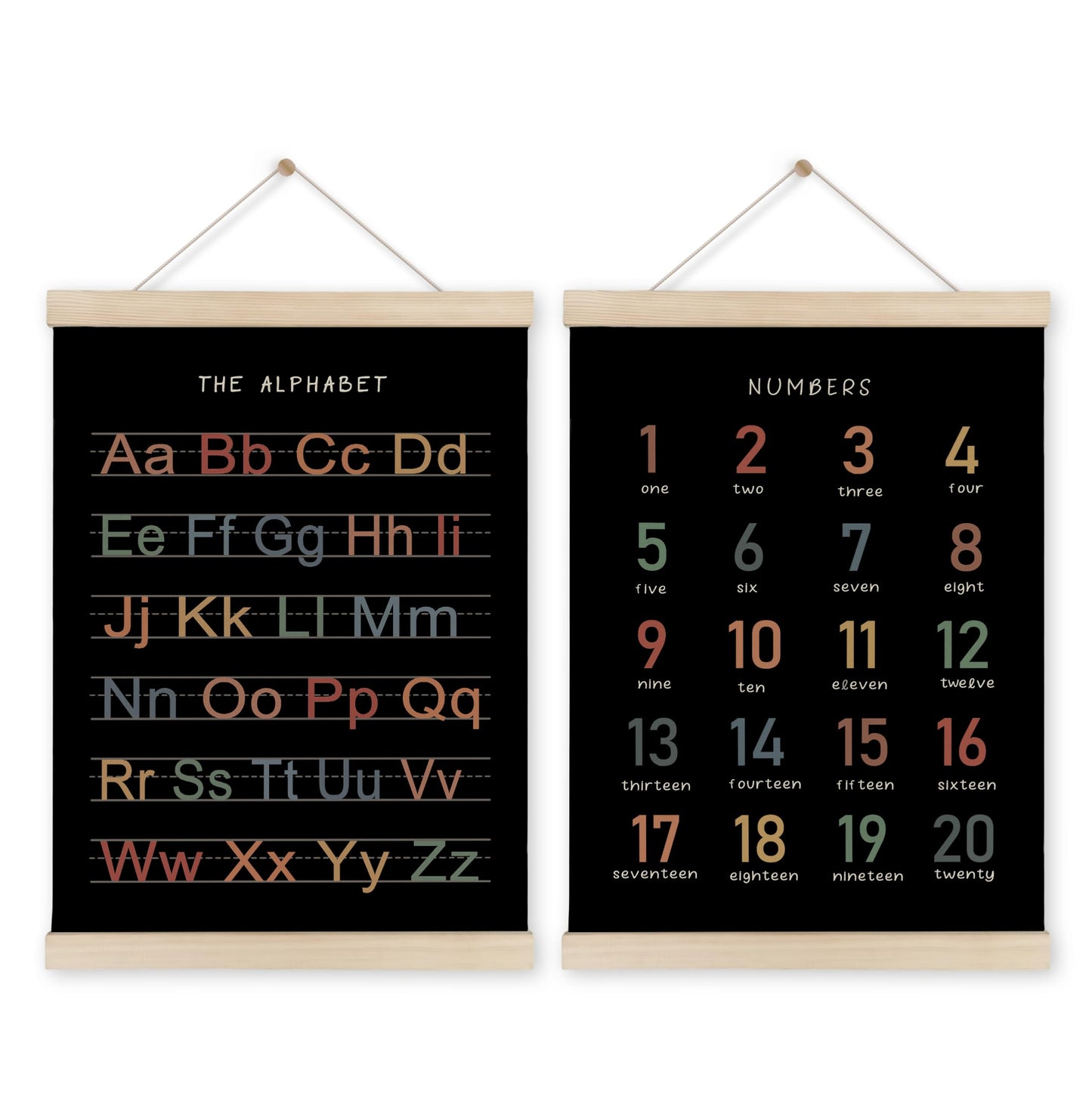 HRQKO Alphabet Numbers Poster Hanger Frame Set of 2, Black Nursery Wall Decor, ABC Poster Wall Art with Wooden Frames, Boho Alphabet Banner Wall Hanging Decor for Toddler Playroom, 12x16 Inch