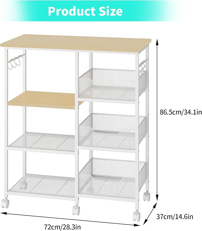 HapiRm Rolling Kitchen Carts with Storage - Microwave Table Stand with 6 Hooks & 3 Baskets, kitchen Island Cart on Lockable Wheels, 28.3" L × 14.6" W Bakers Rack Cart for Dining Room Coffee Bar Office