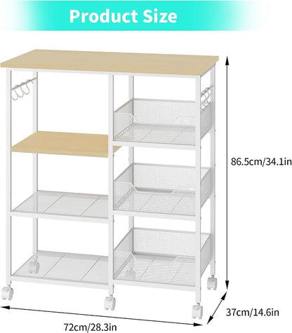 HapiRm Rolling Kitchen Carts with Storage - Microwave Table Stand with 6 Hooks & 3 Baskets, kitchen Island Cart on Lockable Wheels, 28.3" L × 14.6" W Bakers Rack Cart for Dining Room Coffee Bar Office