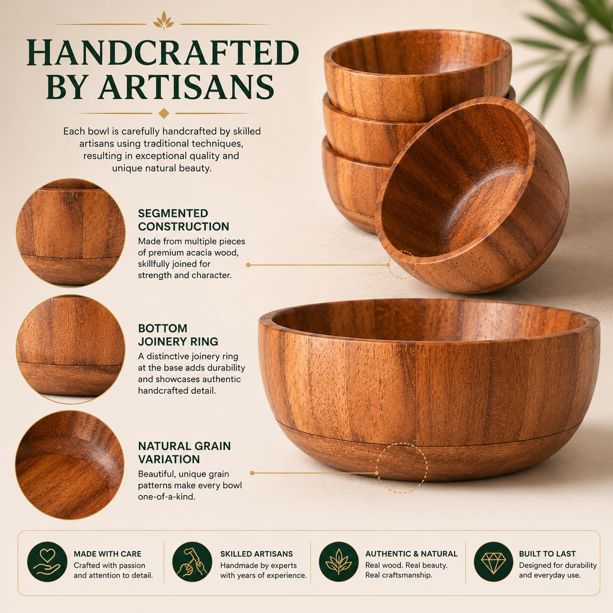 WEBHUSHI Acacia Wood Round Serving Bowls Set of 4 U Shape Handmade 4.75 Inch Medium Size Brown