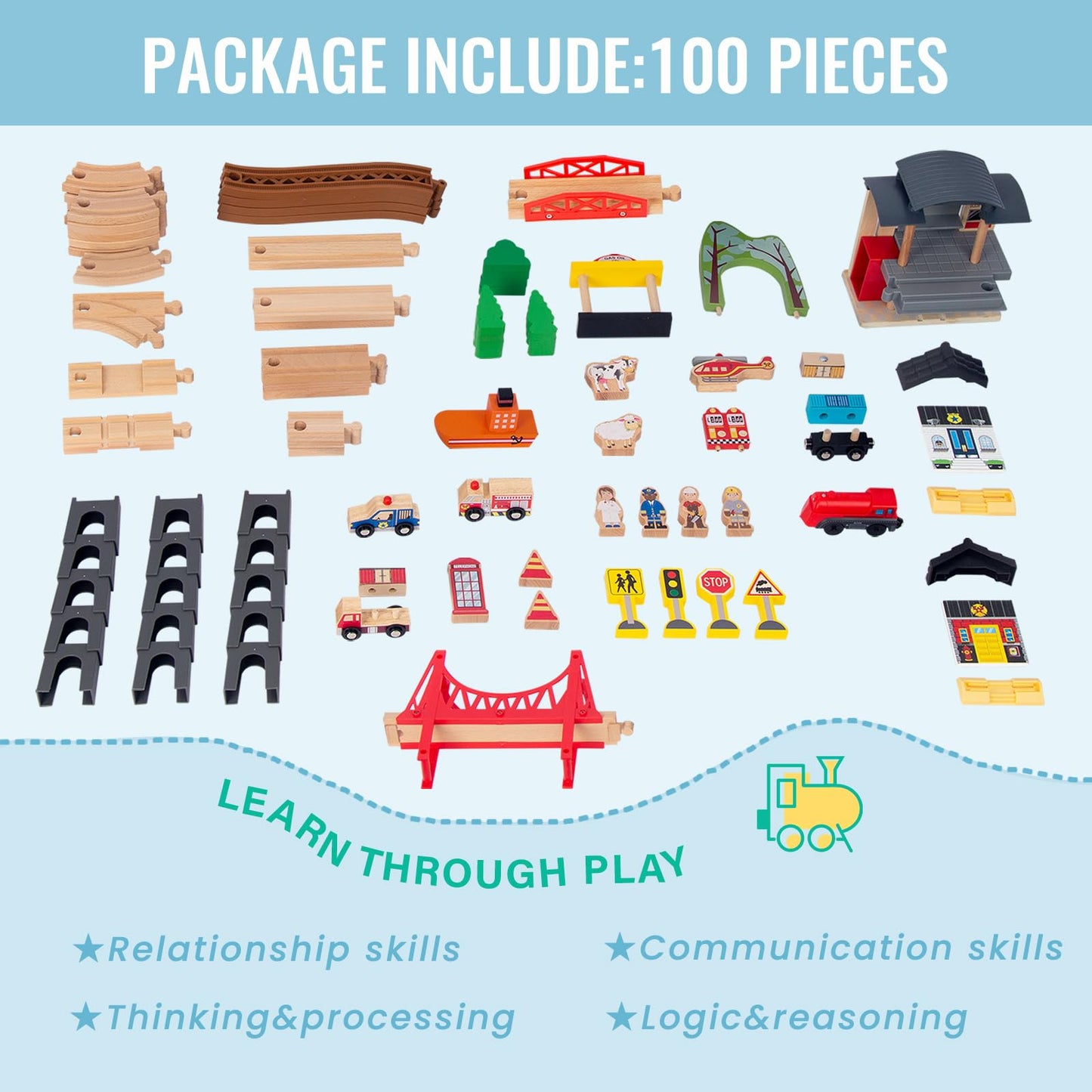 WoodenEdu 100Pcs Wooden Train Set for 3 Year Old Boys, Double-Side Train Set Tracks with Bridge Train Station & Storage Box, Fits Brio, Thomas, Melissa and Doug, Kids Gift Toys for Boy 3-7 (100pcs)