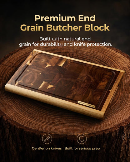 ARMORBEAR End Grain Acacia Wood Cutting Board, Reinforced Shield+Frame™ Edge Lock, Thick Butcher Block Cutting Board for Kitchen, Large Wooden Chopping Board with Juice Groove, 15.8 x 11.2 x 1.2 Inch