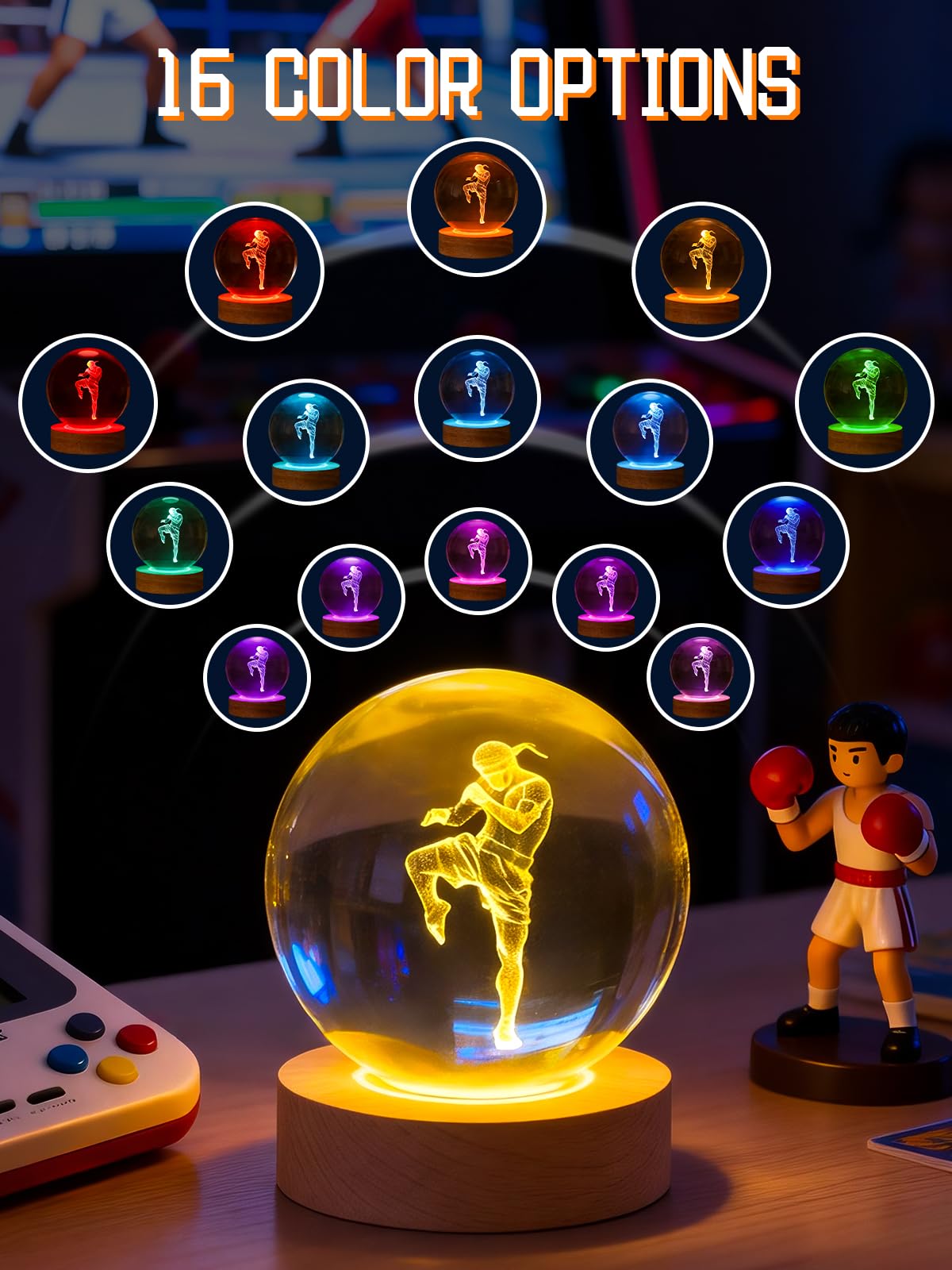 Ammonite Muay Thai Crystal Ball 3D Night Light, 16 Colors Changing with Remote Control Wooden Base, Glass Figurines Statue, Christmas Birthday Gifts for Nak Muay Kids Boys Men