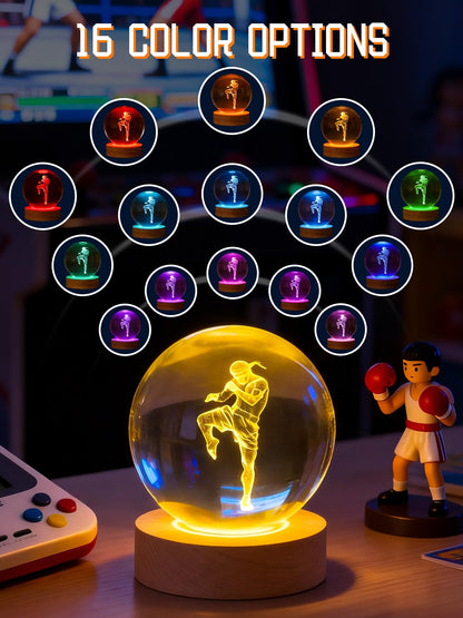 Ammonite Muay Thai Crystal Ball 3D Night Light, 16 Colors Changing with Remote Control Wooden Base, Glass Figurines Statue, Christmas Birthday Gifts for Nak Muay Kids Boys Men