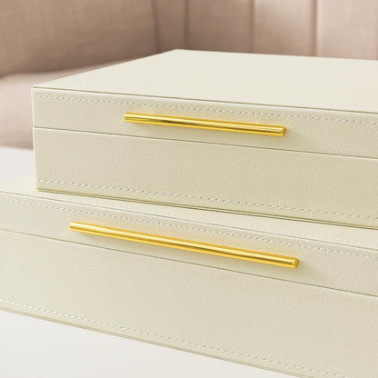 Soul & Lane Faux Leather Decorative Boxes with Lids and Gold Hardware for Home Decor, Set of 2 Stacking Hinged Boxes for Coffee Table and Living Room Shelves, Nesting Remote Control Holder, Ivory