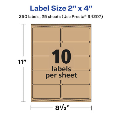 Avery Kraft Brown Rectangle Labels, Sure Feed Technology, 2" x 4", 250 Kraft Brown Labels, Laser/Inkjet Printable