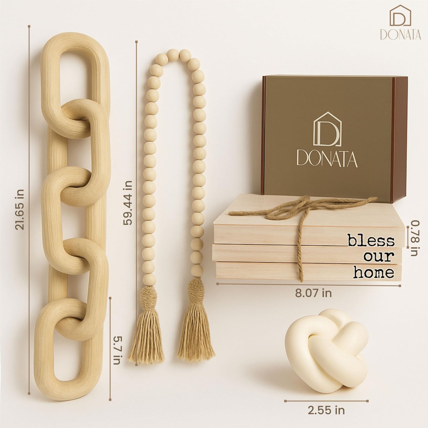Boho Decor Set – 4-Piece Neutral Home Accents for Shelf, Entryway, Coffee Table – Includes Faux Wood Books, Bead Garland, Rustic Chain & Scented Knot Candle – Farmhouse & Minimalist Style