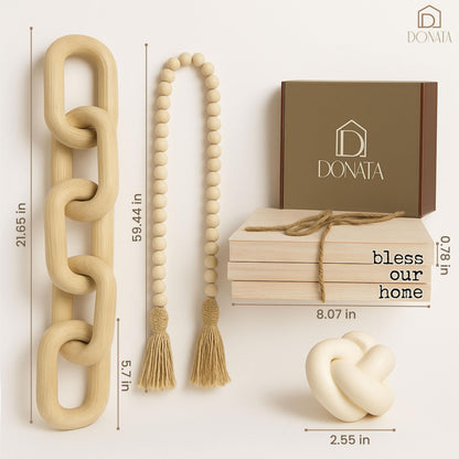 Boho Decor Set – 4-Piece Neutral Home Accents for Shelf, Entryway, Coffee Table – Includes Faux Wood Books, Bead Garland, Rustic Chain & Scented Knot Candle – Farmhouse & Minimalist Style