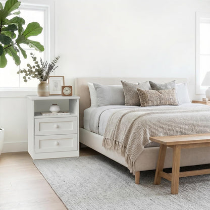 White Wooden Nightstand with Charging Station - Framhous Led Night Stand with 2 Drawers Modern Bedside Table for Bedroom Wood End Table with Lights and Storage