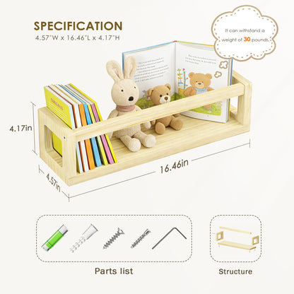 Picrit Set of 4 Natural Solid Wood Nursery Floating Shelves - Decorative Wall-Mounted Kids Bookshelf for Toy Storage & Book Display in Playroom or Kids Room, Durable Organizer