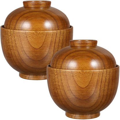 Luxshiny Miso Soup Bowls with Lid Set of 2: Wooden Soup Bowls for Home Kitchen Restaurant - 3.93x3.54x3.54inch