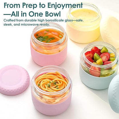 24 oz Glass Lunch Bowl Containers with Lids 2 Pack | Leak & Spill Proof, BPA-Free, Microwave & Dishwasher Safe | Airtight Meal Prep & Food Storage Jar for Lunch, Salad, Soup, Oats, Stew, Yogurt