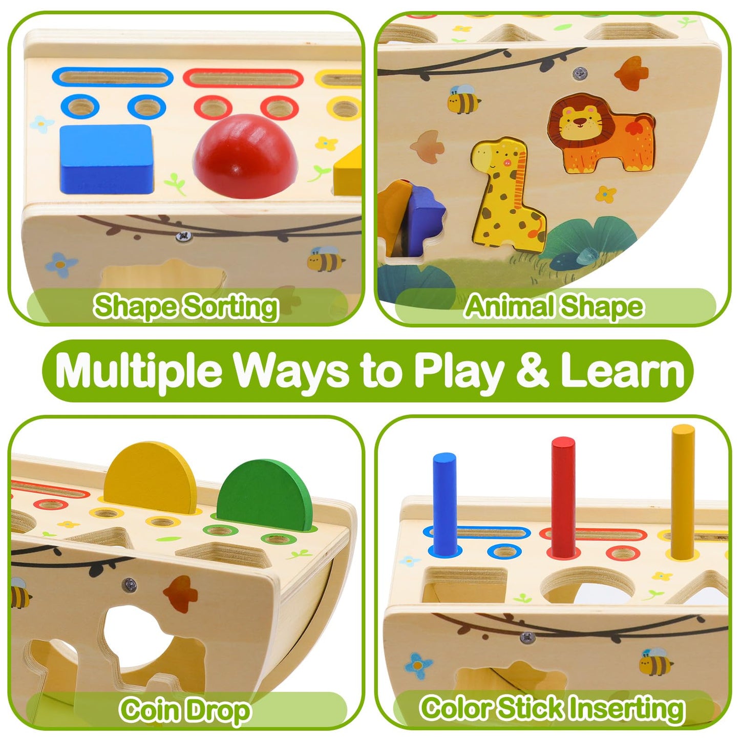 Humerry Montessori Busy Box for Toddlers 1-3, Wooden Object Permanence Coin Box with Shape Sorter & Animal Matching, Fine Motor Sensory Learning Toy with Wobble Base, Gift for 1 2 3 Year Old