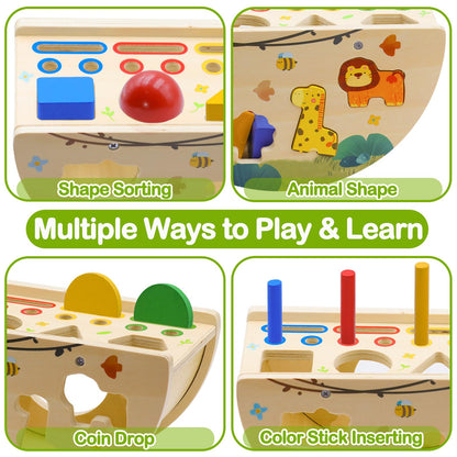 Humerry Montessori Busy Box for Toddlers 1-3, Wooden Object Permanence Coin Box with Shape Sorter & Animal Matching, Fine Motor Sensory Learning Toy with Wobble Base, Gift for 1 2 3 Year Old