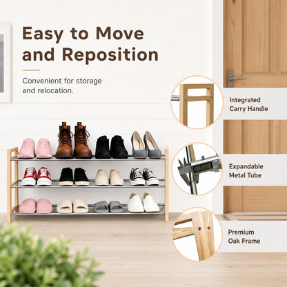 THENNIKIGO Shoe Rack Wooden, Oak Expandable Shoe Organizer, 3-Tier Stainless Steel Shoe Shelf, 17.7“-31.4” Shoe Storage 6-12 Pairs, for Closet, Garage, Narrow Spaces, Entryway, Door Entrance