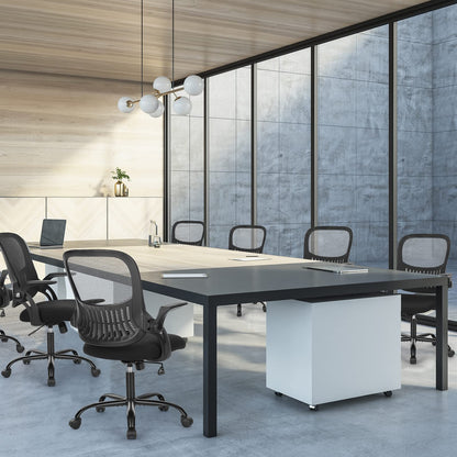 Sweetcrispy Office Computer Desk Chair, Ergonomic Mid-Back Mesh Rolling Work Swivel Task Chairs with Wheels, Comfortable Lumbar Support, Comfy Flip-up Arms for Home, Bedroom, Study, Student, Black
