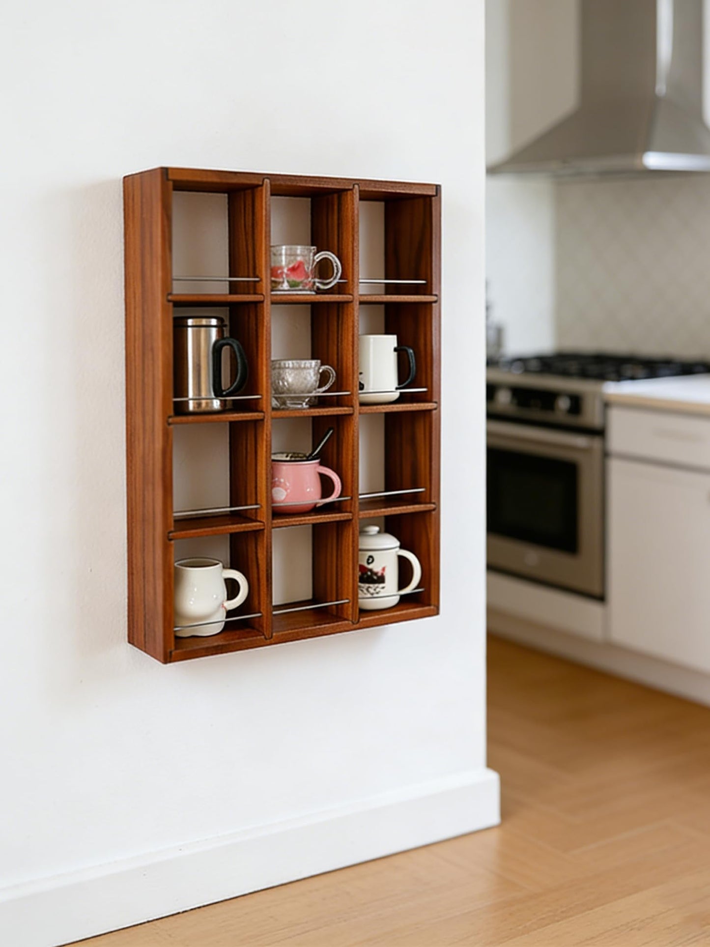 YIYUESHIJIU Wall Mounted Coffee Cup Holder, Cup Holder, 4-Tier Cup Display Shelf, Kitchen Coffee Bar Storage Organizer for Mugs, Cups and Collectibles with 12 Compartment (Walnut)