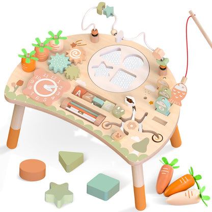 Hewaurorion Wooden Activity Table for Toddlers 1-3, 9 in 1 Montessori Sensory Table with Bead Maze Shape Sorter Fishing Game, Baby Activity Table Learning Toys for 1 2 3 Year Old Boys Girls