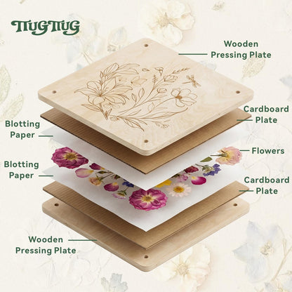 TTUGTTUG Flower Press Kit with Frames for Adults, 11" x 11" Large Wooden 10-Layer Press for DIY Floral Art, Wedding Flower Drying, Great Gift for DIY Flowers Lovers