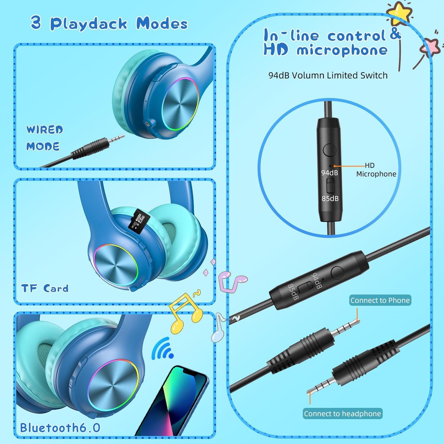 Candy Bila Kids Bluetooth 6.0 Headphones with LED Light, 85Hours Playtimes, Type-C Fast Charging, 85/94dB Volume Limited, Comfort Wireless Headphones with Built-in Mic, Wired & TF Card Mode, Blue