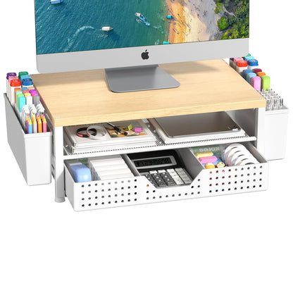 Gugsey Wood Metal Monitor Stand Riser, Laptop Stand for Desk, Office Desk Organizer and Accessories, Computer Desktop Shelf with Drawer and Pen Holder, Printer Stand for Home, Office, Dorm (Natural Wood)