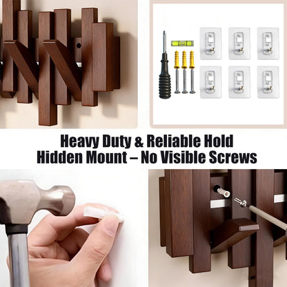 BWCXR Wall Mounted Wooden Coat Rack with Flip-Down Piano Key Hooks, Hardwood Heavy Duty Wall Hook Rack with Hidden Mount for Entryway, Coats, Bags & Hats, Black 4 Hooks