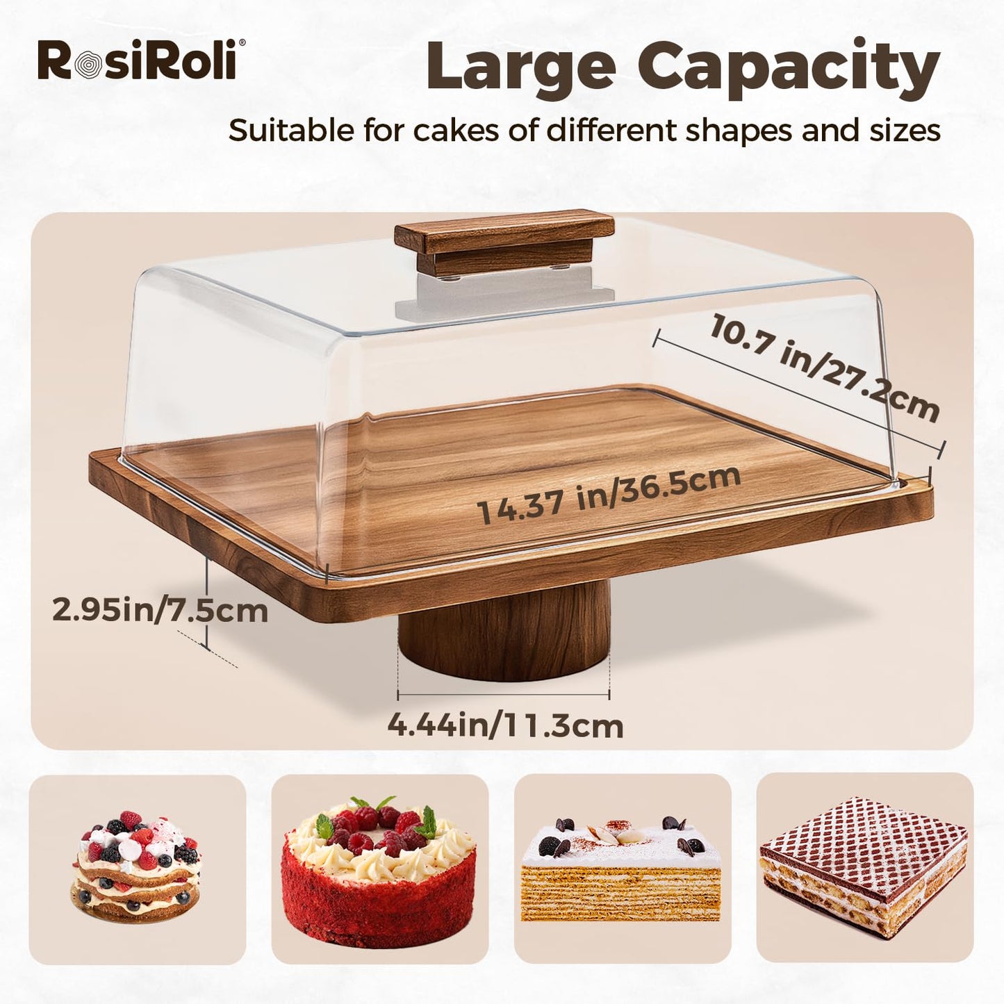 RosiRoli Acacia Wood Cake Stand with Lid, 2-in-1 Rectangular Charcuterie Board & Dessert Display with Shatterproof Acrylic Dome Cover, Serving Platter for Outdoor Entertaining, Wedding Receptions