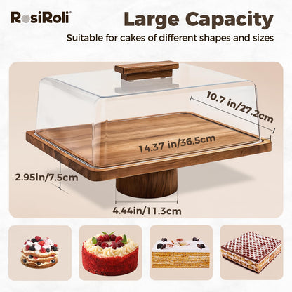 RosiRoli Acacia Wood Cake Stand with Lid, 2-in-1 Rectangular Charcuterie Board & Dessert Display with Shatterproof Acrylic Dome Cover, Serving Platter for Outdoor Entertaining, Wedding Receptions