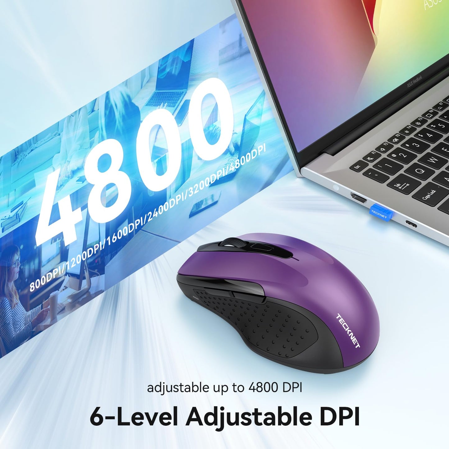 TECKNET Rechargeable Jiggler Wireless Mouse (BT5.0/3.0 & 2.4G) 4800 DPI Silent USB A & Bluetooth Mouse 6 Buttons, Wide Compatibility - Black