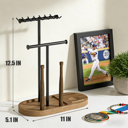 kulusion Baseball Display Case for Ball and Cards, 4-in-1 Necklace Ring Jewelry Stand, Sports Fan Display Organizer Case for MLB Collectibles, Gift for Baseball Lovers(Rustic Wood & Solid Metal)