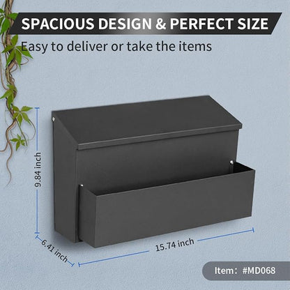 Ydocabinit Wall Mount Mailbox, Large Capacity for House, Outside, with 3 Sets of 0-9 Number Stickers & Flower Planter, Galvanized Steel Rust-Proof Metal Post Drop Box, 15.74"×9.84"×6.41" Black
