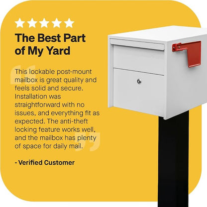 Adoorn Lockable Post Mount Mailboxes for Outside - Small Anti-Theft Locking Mailbox for Packages and Letters - Weatherproof Construction - Durable Steel - 12" H x 12" W x 18.5" D - White