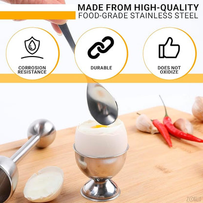 Egg Shell Opener Set – 2 Pcs Egg Cups for Soft Boiled Eggs & 2 Pcs Spoons, Rust-Resistant Stainless Steel, Fits Most Eggs Sizes - Ergonomic Design, Adjustable Effort for Effortless & Precise Cracking