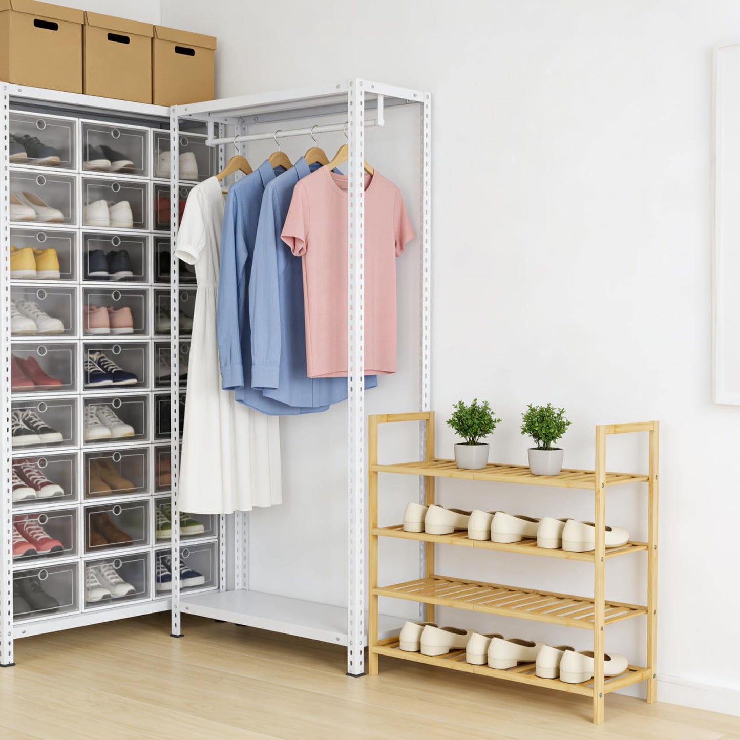 Bambly 4 Tier Bamboo Wooden Shoe Rack for Closet & Entryway, Free Standing Shoe Rack Stand Organizer Shelf for Garage, Bedroom, Small Space Storage, Stackable