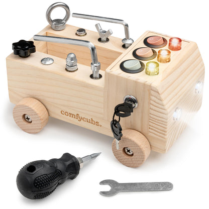 Comfy Cubs Busy Board Toy Truck Set - Fun & Noise-Free, Pine Wood Activity Board for Toddlers with LED Light Switch - Designed in the US, Focused & Engaging Montessori Play for Kids 3+ (Natural Wood)